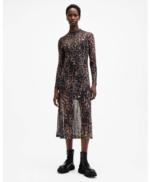 ALLSAINTS(オールセインツ)の「HANNA MESH ANIMAL PRINT MIDI DRESS | HANNA メッシュ アニマル プリント ミディ ドレス・ワンピース(ワンピース・レディース・ブラウン系その他・10/8/4/6/12)」の1枚目の写真
