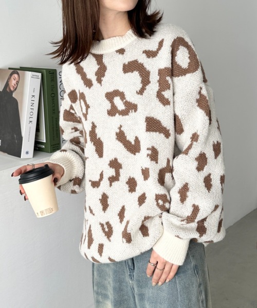 セール】オーバーサイズレオパードニットプルオーバー（ニット