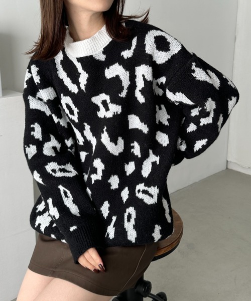 セール】オーバーサイズレオパードニットプルオーバー（ニット