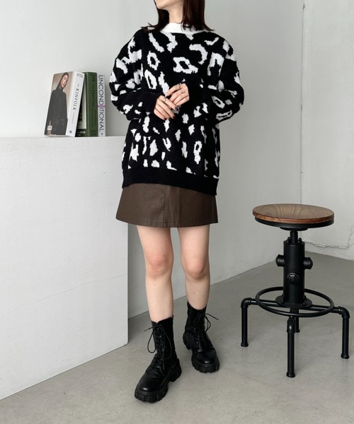 セール】オーバーサイズレオパードニットプルオーバー（ニット