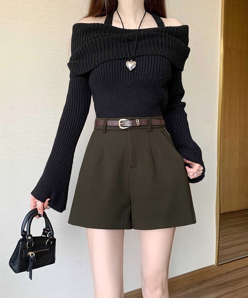 gossip!ロサンゼルス(ゴシップロサンゼルス)の「【サイズあり】ウールライク ヴィンテージ ハイウエスタック 厚手ショートパンツ(ベルト付)秋冬の定番アイテム)(その他パンツ・レディース・ブラック/カーキ/グレー・S/M/L/XL)」の3枚目の写真