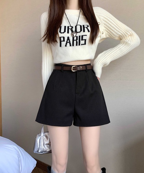 gossip!ロサンゼルス(ゴシップロサンゼルス)の「【サイズあり】ウールライク ヴィンテージ ハイウエスタック 厚手ショートパンツ(ベルト付)秋冬の定番アイテム)(その他パンツ・レディース・ブラック/カーキ/グレー・S/M/L/XL)」の1枚目の写真