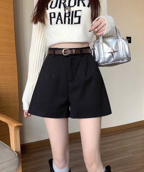 gossip!ロサンゼルス(ゴシップロサンゼルス)の「【サイズあり】ウールライク ヴィンテージ ハイウエスタック 厚手ショートパンツ(ベルト付)秋冬の定番アイテム)(その他パンツ・レディース・ブラック/カーキ/グレー・S/M/L/XL)」の6枚目の写真