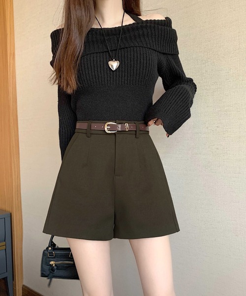 gossip!ロサンゼルス(ゴシップロサンゼルス)の「【サイズあり】ウールライク ヴィンテージ ハイウエスタック 厚手ショートパンツ(ベルト付)秋冬の定番アイテム)(その他パンツ・レディース・ブラック/カーキ/グレー・S/M/L/XL)」の14枚目の写真