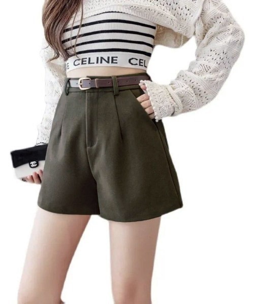 gossip!ロサンゼルス(ゴシップロサンゼルス)の「【サイズあり】ウールライク ヴィンテージ ハイウエスタック 厚手ショートパンツ(ベルト付)秋冬の定番アイテム)(その他パンツ・レディース・ブラック/カーキ/グレー・S/M/L/XL)」の8枚目の写真