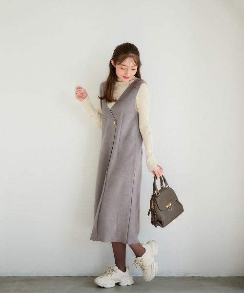 12Twelve Agenda（トゥエルブ　アジェンダ）の「Vネックラップ風スエードジャンスカ（ジャンパースカート・レディース・グレイッシュベージュ/チャコールグレー/ブルー/グリーン・M）」の14枚目の写真