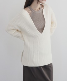 【ZOZO限定】オーバーキーネックニット／長袖 Vネック プルオーバー シンプル きれいめ 大人カジュアル レイヤード 重ね着 アイボリーホワイト ブラック モノトーン