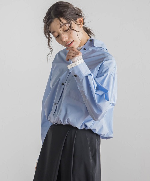 Droite lautreamont(ドロワットロートレアモン)の「ドロストクロップドシャツ≪洗濯機で洗える≫(シャツ/ブラウス・レディース・ピンク/ブルー・M)」の4枚目の写真