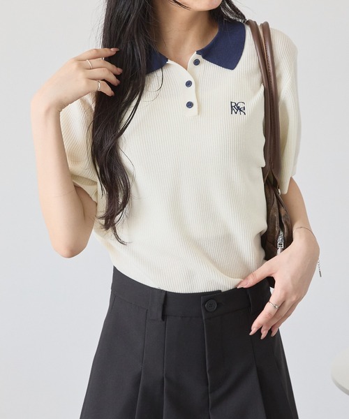 MONO-MART（モノマート）の「リンガーロゴ刺繍リブニットポロシャツ（ポロシャツ・レディース・ブルー/オフホワイト/グリーン/ピンク/ネイビー・FREE）」の20枚目の写真