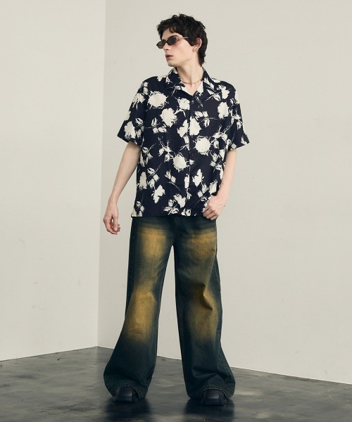 セール】Retro flower pattern monotone open-neck shirt