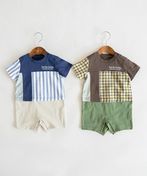 BRANSHES（ブランシェス）の「【おそろい】異素材切り替え半袖カーバーオール（ロンパース・キッズ・ブラウン/ネイビー・80/70）」の6枚目の写真