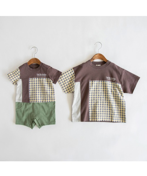 BRANSHES（ブランシェス）の「【おそろい】異素材切り替え半袖カーバーオール（ロンパース・キッズ・ブラウン/ネイビー・80/70）」の9枚目の写真