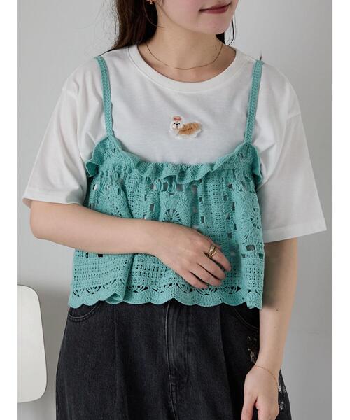 ehka sopo（エヘカソポ）の「わんこ刺繍Tシャツ（Tシャツ/カットソー・レディース・グリーン/ピンク/オフホワイト・F）」の9枚目の写真