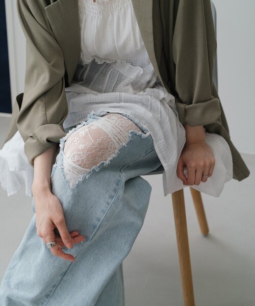 kastaneレースデニムパンツ ブルー　サイズ0 高身長サイズ追加/低身長サイズ/3サイズ展開/WEB限定サイズ