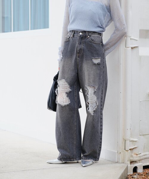 kastane レースデニムパンツ ブルー サイズ1 Kastane（カスタネ）の「【高身長サイズ追加/低身長サイズ/3