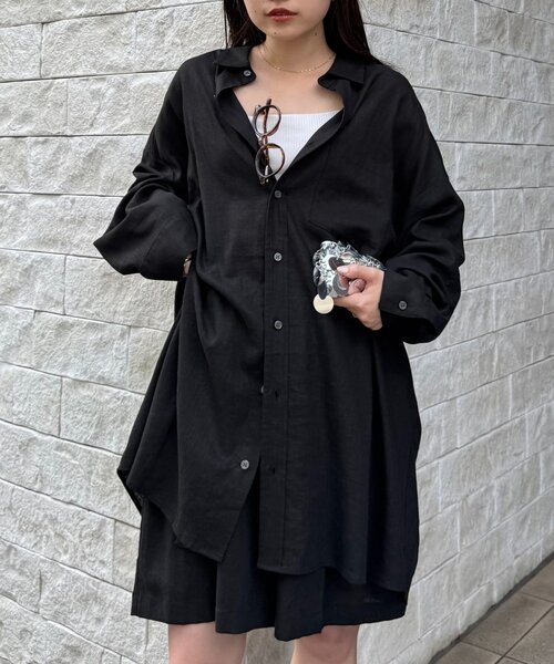 WILLOW（ウィロー）の「【willow】リネン混チュニックシャツ（シャツ/ブラウス・レディース・ブラック/ベージュ・ONE SIZE）」の2枚目の写真