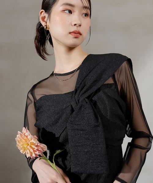 Kana（カナ）の「フラワー ジャガード ノットデザイン Iライン オケージョンドレス ワンピース ドレス 結婚式 お呼ばれ（ドレス・レディース・ブラウン/キャメル/ブラック・M）」の2枚目の写真