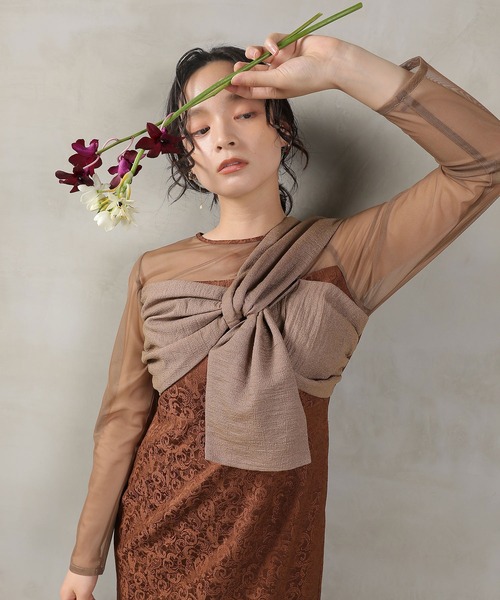 Kana（カナ）の「フラワー ジャガード ノットデザイン Iライン オケージョンドレス ワンピース ドレス 結婚式 お呼ばれ（ドレス・レディース・ブラウン/キャメル/ブラック・M）」の10枚目の写真