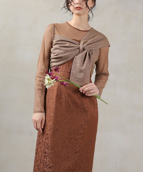 Kana（カナ）の「フラワー ジャガード ノットデザイン Iライン オケージョンドレス ワンピース ドレス 結婚式 お呼ばれ（ドレス・レディース・ブラウン/キャメル/ブラック・M）」の9枚目の写真