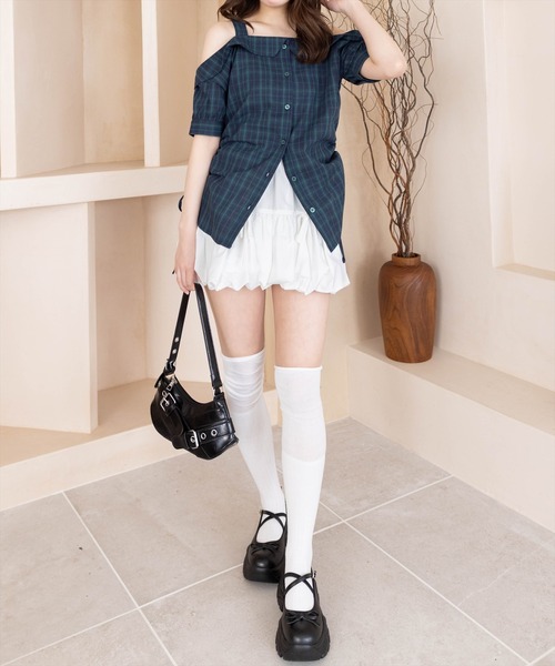 clear（クリア）の「オフショルチェックシャツ［大人カジュアル 夏］≪SS新作≫（シャツ/ブラウス・レディース・グリーン/ネイビー/オレンジ・F）」の5枚目の写真