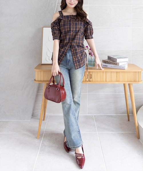 clear（クリア）の「オフショルチェックシャツ［大人カジュアル 夏］≪SS新作≫（シャツ/ブラウス・レディース・グリーン/ネイビー/オレンジ・F）」の7枚目の写真