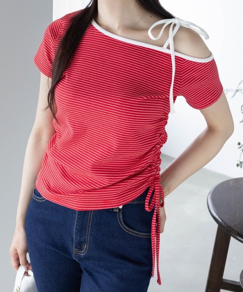 clear（クリア）の「ワンショル肩リボン半袖ボーダーカットソー[大人 カジュアル 夏]≪SS新作≫（Tシャツ/カットソー・レディース・レッド/ネイビー/オフホワイト・F）」の3枚目の写真