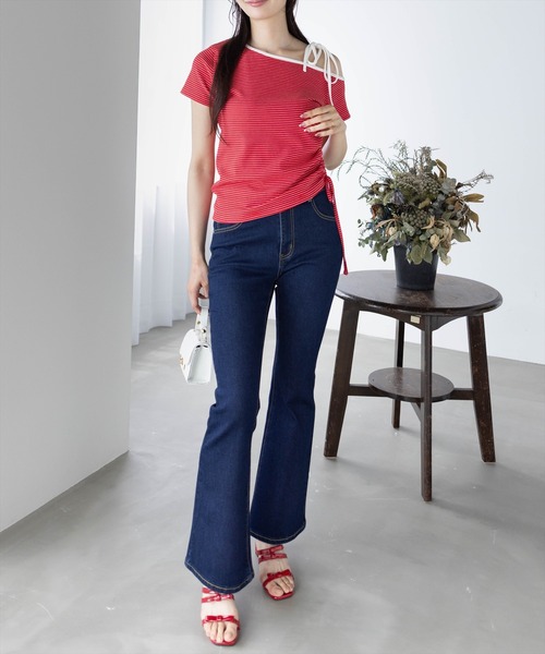 clear（クリア）の「ワンショル肩リボン半袖ボーダーカットソー[大人 カジュアル 夏]≪SS新作≫（Tシャツ/カットソー・レディース・レッド/ネイビー/オフホワイト・F）」の11枚目の写真