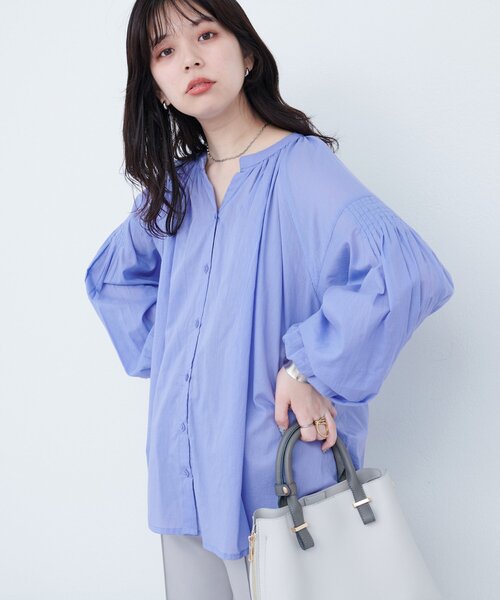 美品＊ガーゼ# カディコットン ピンタックギャザー ブラウス 長袖 グレー 美品＊ガーゼ# カディコットン ピンタックギャザー ブラウス