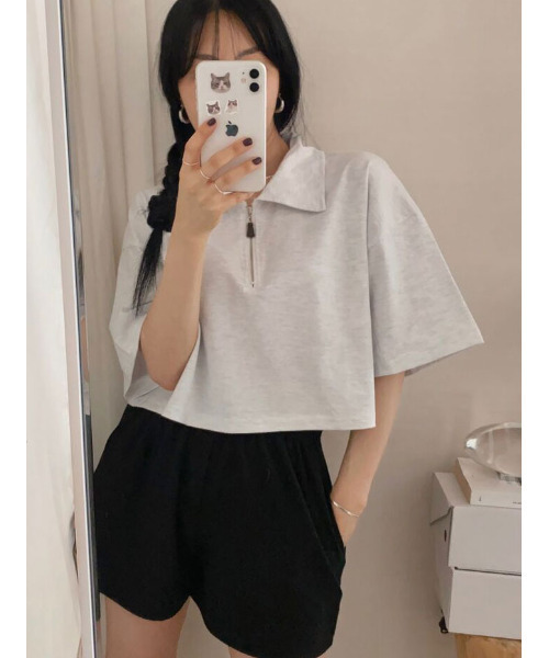 VIVID LADY（ビビッドレディー）の「ハーフジップ 半袖ポロシャツ（Tシャツ/カットソー・レディース・ライトグレー/ブラック/ネイビー・FREE）」の8枚目の写真