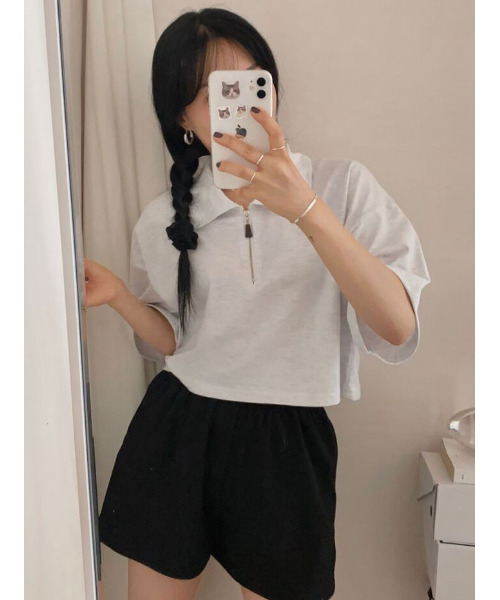 VIVID LADY（ビビッドレディー）の「ハーフジップ 半袖ポロシャツ（Tシャツ/カットソー・レディース・ライトグレー/ブラック/ネイビー・FREE）」の10枚目の写真