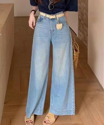 ウォッシュ加工 ハイウエスト ワイド デニム パンツ