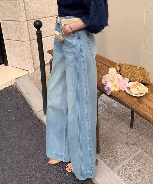 Lace Ladies(レースレディース)の「ウォッシュ加工 ハイウエスト ワイド デニム パンツ(デニムパンツ・レディース・ブルー・M/L/XL/S)」の3枚目の写真