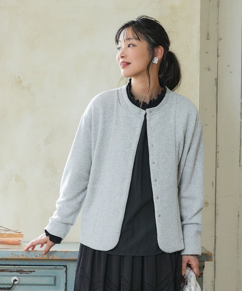 SMILE LAND（スマイルランド）の「＜大きいサイズ＞綿100％裏毛裾ラウンドカーディガン（カーディガン/ボレロ・レディース・杢グレー/ブラック・5L～6L/3L～4L/L～LL）」の6枚目の写真