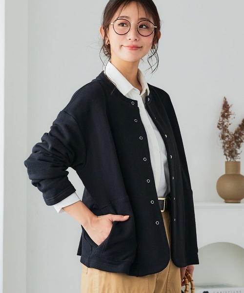 SMILE LAND（スマイルランド）の「＜大きいサイズ＞綿100％裏毛裾ラウンドカーディガン（カーディガン/ボレロ・レディース・杢グレー/ブラック・5L～6L/3L～4L/L～LL）」の7枚目の写真