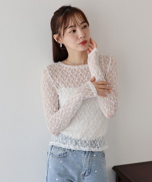 BLUEEAST（ブルーイースト）の「ストレッチレーストップス（Tシャツ/カットソー・レディース・ブラック/ベージュ/ホワイト/ブルー・MEDIUM）」の2枚目の写真