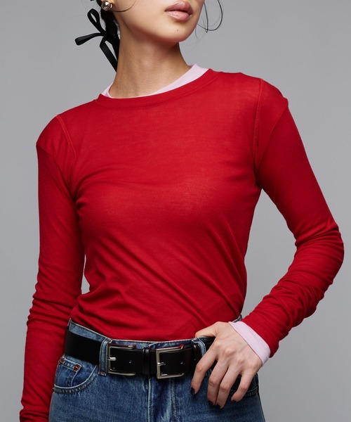 Narcissus（ナルシス）の「シンプルカラーロングＴシャツ/レイヤード/薄手（Tシャツ/カットソー・レディース・ピンク/レッド・FREE）」の2枚目の写真