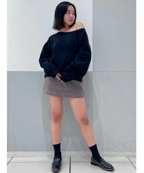 ヘリンボーンミニスカート ブラックとホワイト ヘリンボーンツイード ハイウエストミニスカート | maison