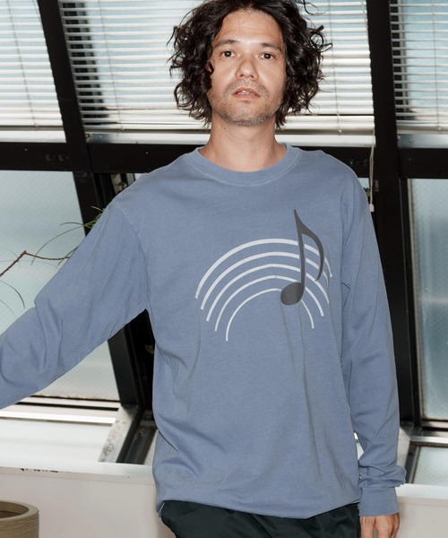 No Rain No Rainbow(ノーレインノーレインボー)の「mlt5389-pigment long sleeve T-shirt with musical note print ロングスリーブカットソー(NR25W-20)(Tシャツ/カットソー・メンズ・ホワイト/ブラック系その他/ブルー系その他・S/M/L/XL)」の10枚目の写真