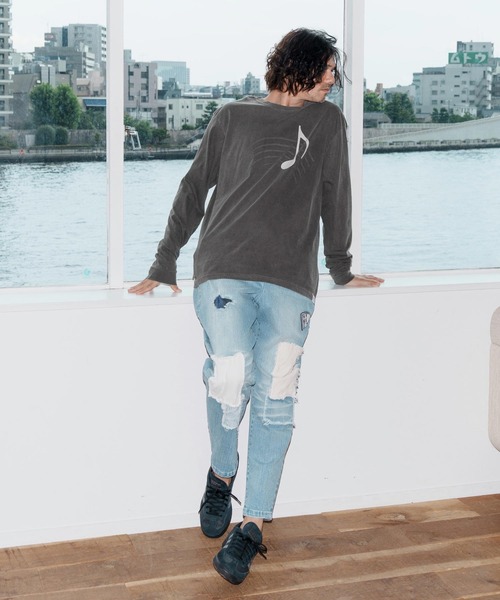 No Rain No Rainbow(ノーレインノーレインボー)の「mlt5389-pigment long sleeve T-shirt with musical note print ロングスリーブカットソー(NR25W-20)(Tシャツ/カットソー・メンズ・ホワイト/ブラック系その他/ブルー系その他・S/M/L/XL)」の18枚目の写真