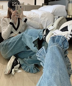 美品　アメリ　デニム　フリル 裾フリルドッキングSH|ems excite | RETRO GIRL ONLINE STORE