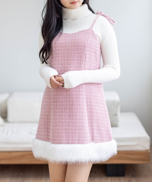 clear（クリア）の「ファーツイードミニキャミワンピース[大人 フェミニン 上品]（ワンピース・レディース・ピンク/アイボリー/ブラック・F）」の3枚目の写真