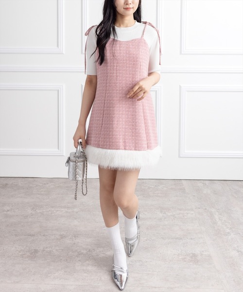 clear（クリア）の「ファーツイードミニキャミワンピース[大人 フェミニン 上品]（ワンピース・レディース・ピンク/アイボリー/ブラック・F）」の4枚目の写真