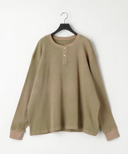 KANEMASA PHIL.（カネマサフィル）の「【KANEMASA PHIL.】18G Garment Dye Waffle Henry Neck（Tシャツ/カットソー・メンズ・ベージュ/チャコールグレー・MEDIUM/LARGE）」の2枚目の写真
