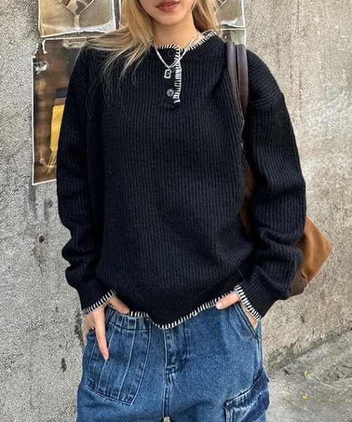 セール】ハンドステッチ風ヘンリーネックニットプルオーバー（ニット