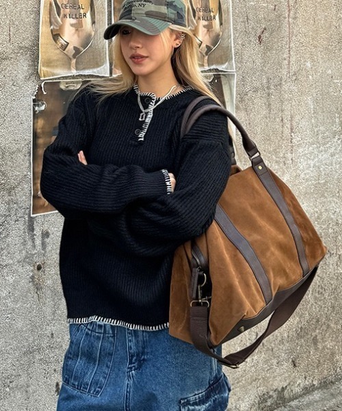 セール】ハンドステッチ風ヘンリーネックニットプルオーバー（ニット