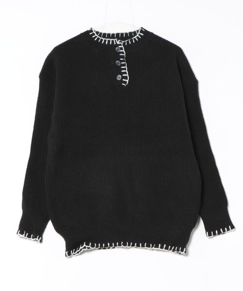 Who not how　　　ハンドステッチ　薄手　ニット　ウール　ブラック ハンドステッチプルオーバー（55-41KM33-205）｜パープル&イエロー