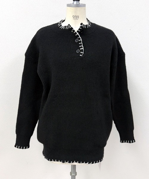 セール】ハンドステッチ風ヘンリーネックニットプルオーバー（ニット