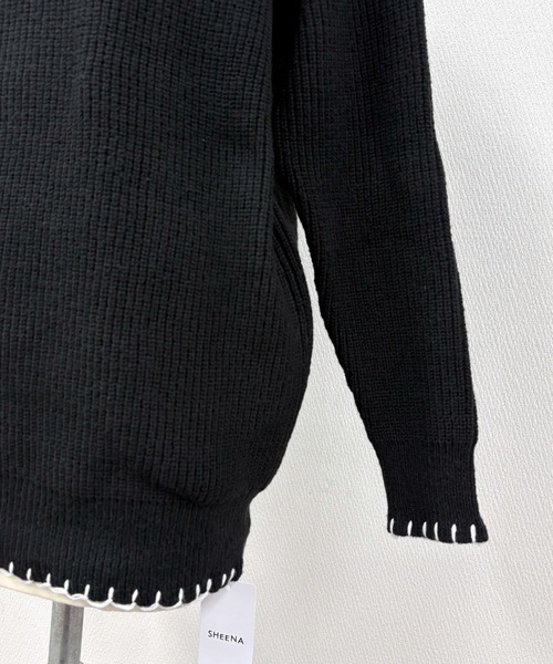 Who not how　　　ハンドステッチ　薄手　ニット　ウール　ブラック セール】ハンドステッチ風ヘンリーネックニットプルオーバー（ニット