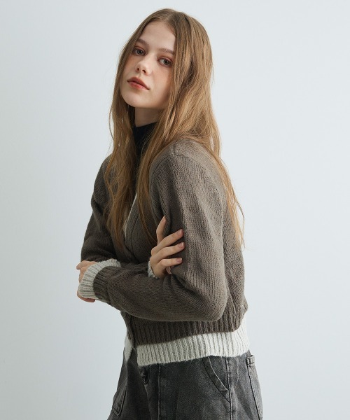 Mirette(ミレット)の「バイカラーニットショートカーディガン / Bi-Color Knit Short Cardigan(カーディガン/ボレロ・レディース・オリーブ/チャコールグレー/グレー・FREE)」の8枚目の写真