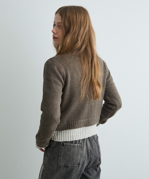 Mirette(ミレット)の「バイカラーニットショートカーディガン / Bi-Color Knit Short Cardigan(カーディガン/ボレロ・レディース・オリーブ/チャコールグレー/グレー・FREE)」の10枚目の写真